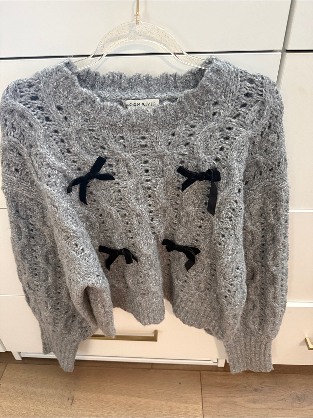 Moon River Gray Open-Knit Sweater with Black Ribbon Bows
